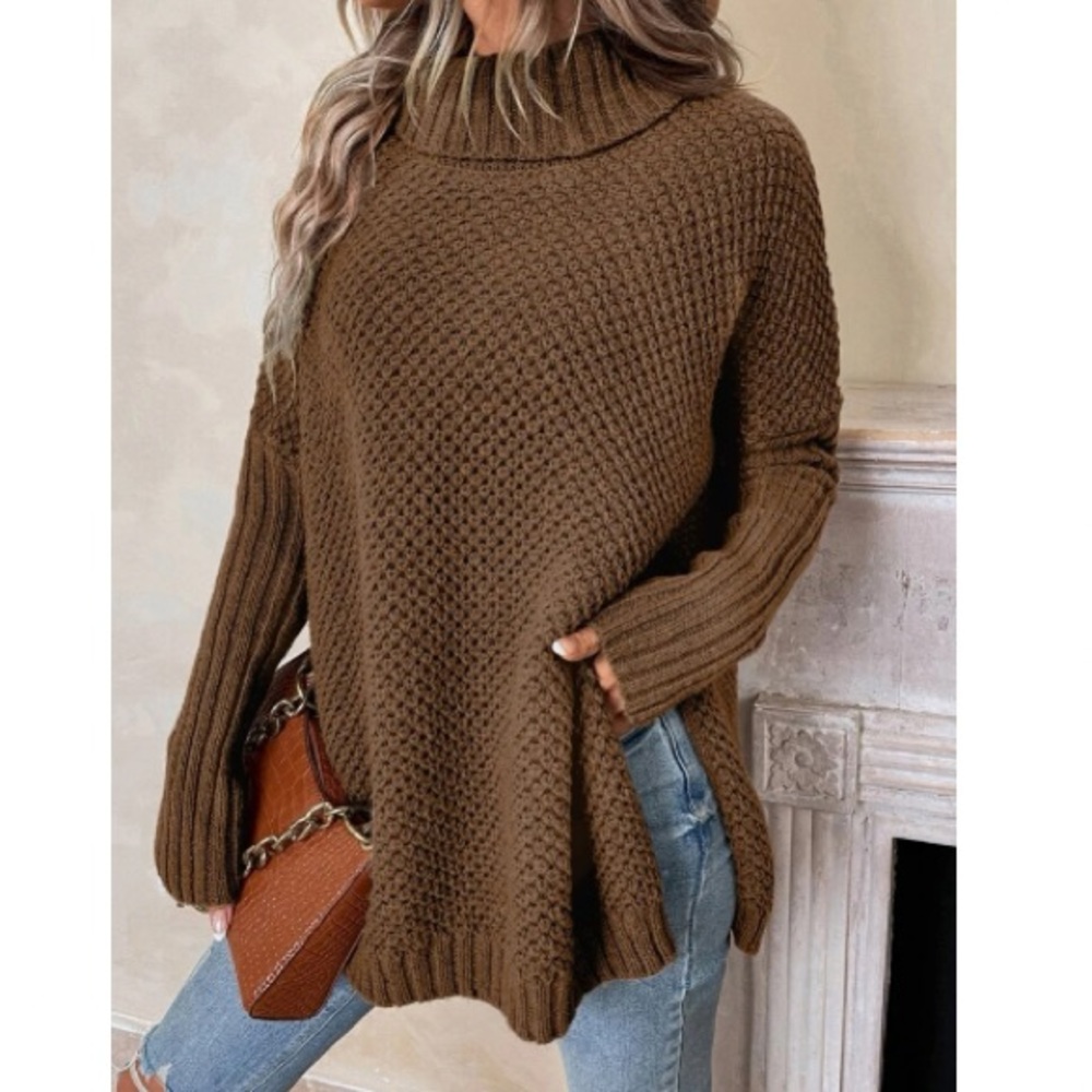 Luxe turtleneck split sides sweater top - Picture 1 of 7